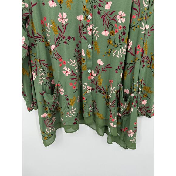 Logo Lori Goldstein Women Button Front Floral Tunic Size XL Green Earthy Stretch - Picture 3 of 7
